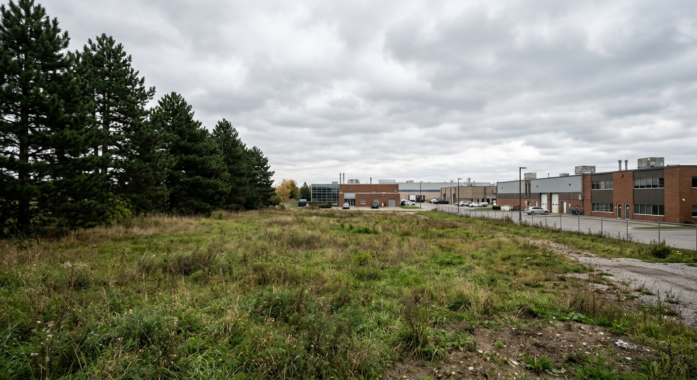 a vacant, grassy field adjacent to a light industrial office park, framed by tall evergreen pine trees under an overcast sky, natural everyday lighting, shot on