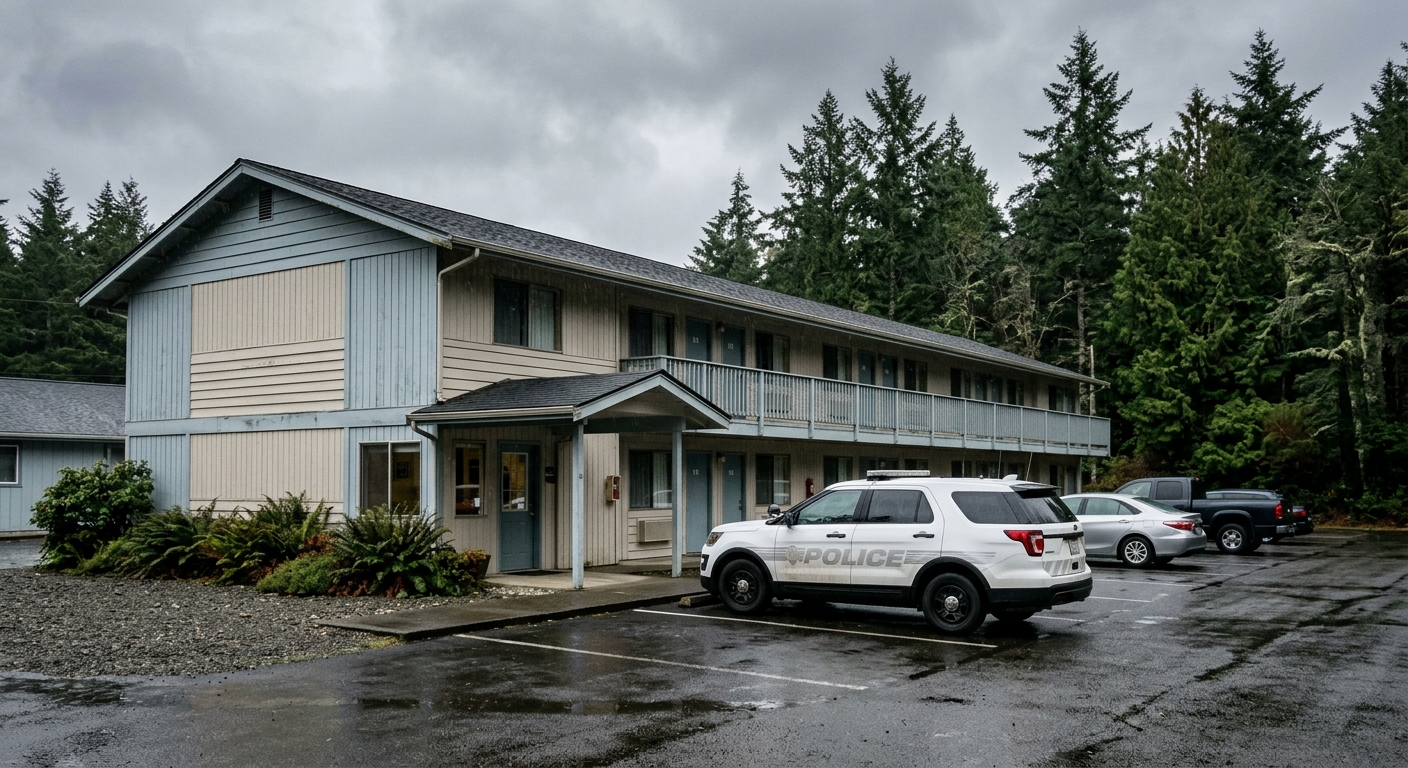 a generic local police vehicle parked in the asphalt lot of a simple two-story coastal motel on an overcast day, tall wet evergreen trees in the background, gra