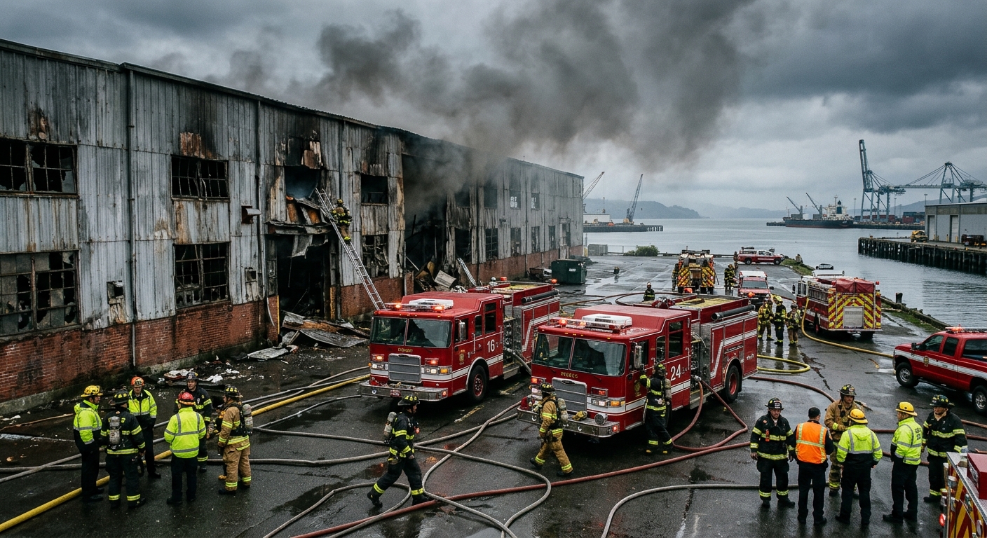 fire engines and emergency responders in heavy gear gathered outside a large, partially damaged industrial warehouse near a coastal dock, thick gray smoke linge