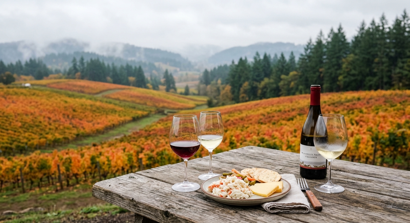 a rustic wooden table overlooking a rolling vineyard with autumn foliage in the Pacific Northwest, featuring poured glasses of wine next to a small plate of loc