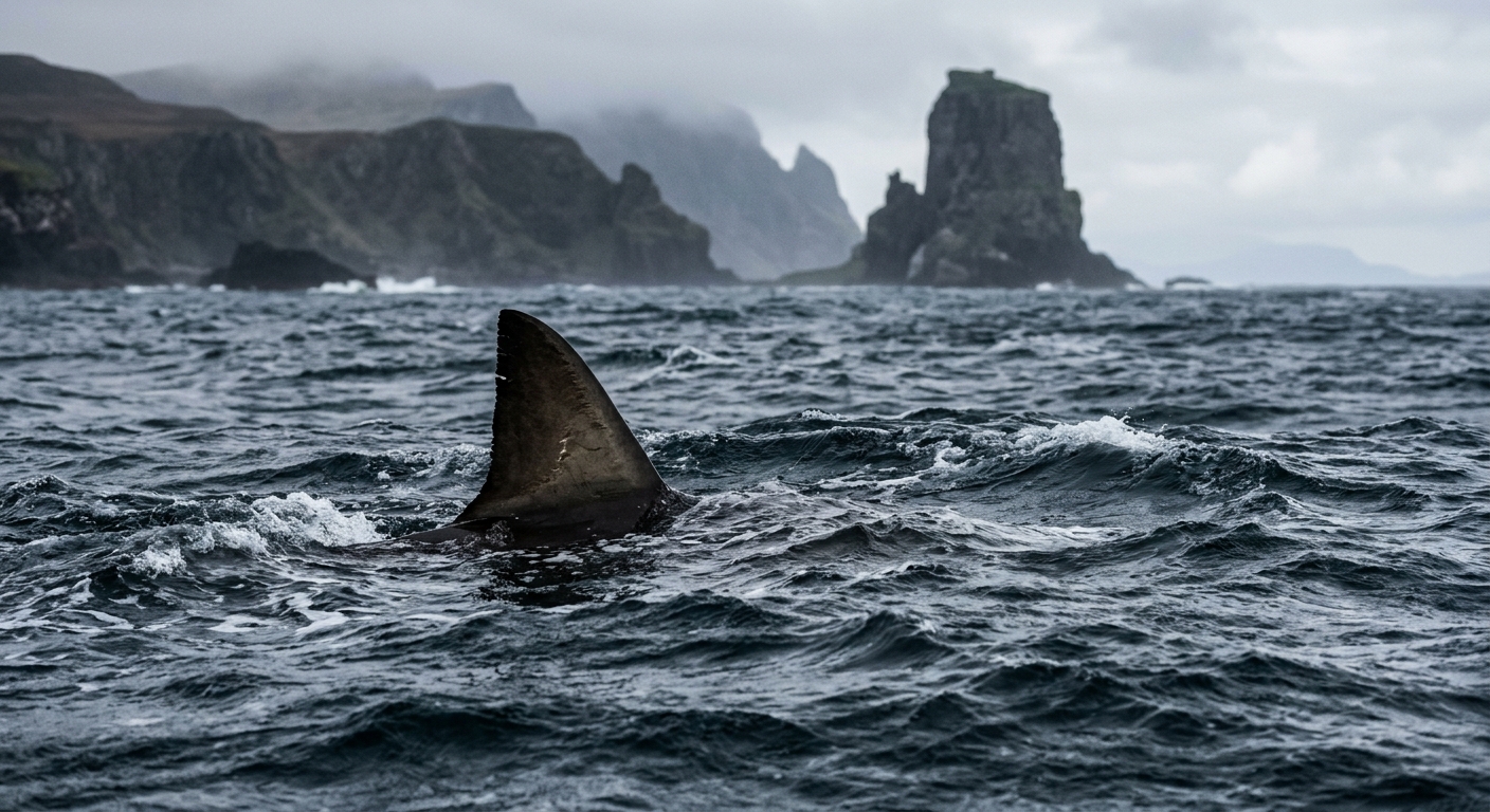 the dorsal fin of a shark breaking the surface of choppy, dark ocean water, with a misty rocky coastline and a large sea stack formation in the background, natu