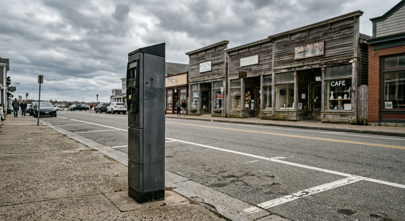 a standard metal street parking kiosk standing on a sidewalk next to an empty parking space in a coastal town, with weathered wooden storefronts and an overcast