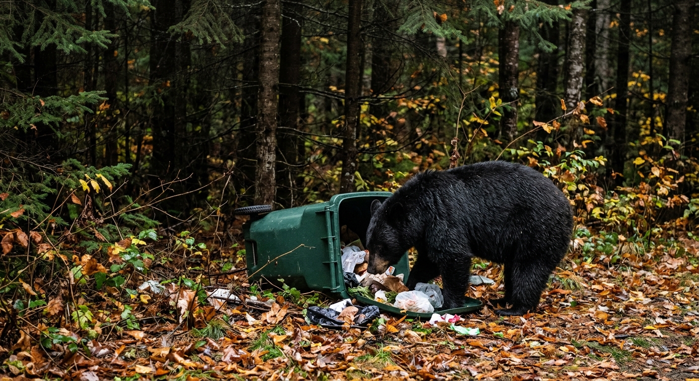 a black bear foraging near a knocked-over green residential trash can at the edge of a dense, damp pine forest with fallen autumn leaves on the ground, natural