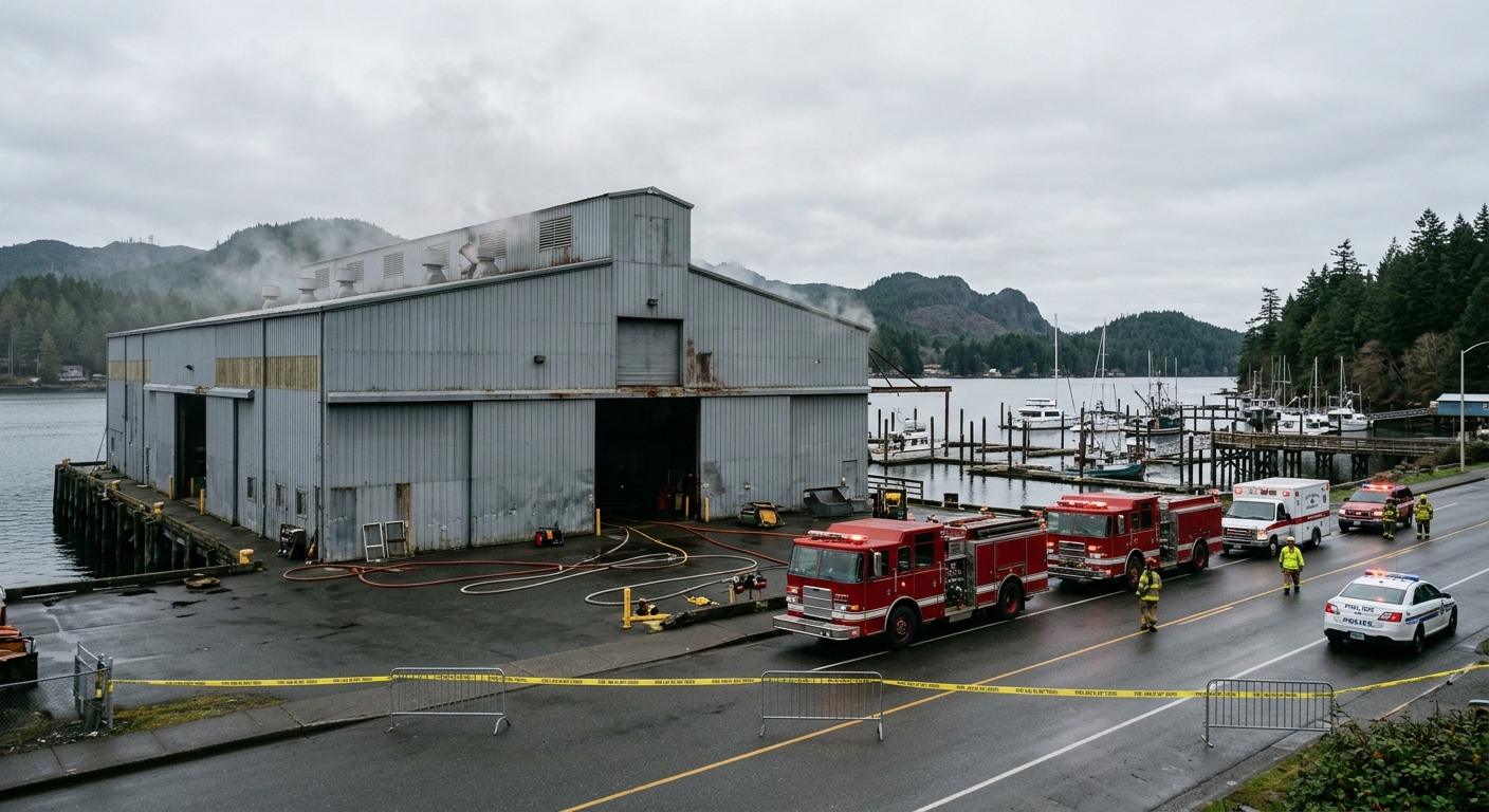 a large industrial warehouse on a coastal bayfront with faint smoke lingering near the roof, generic emergency vehicles parked along a cordoned-off street, coas