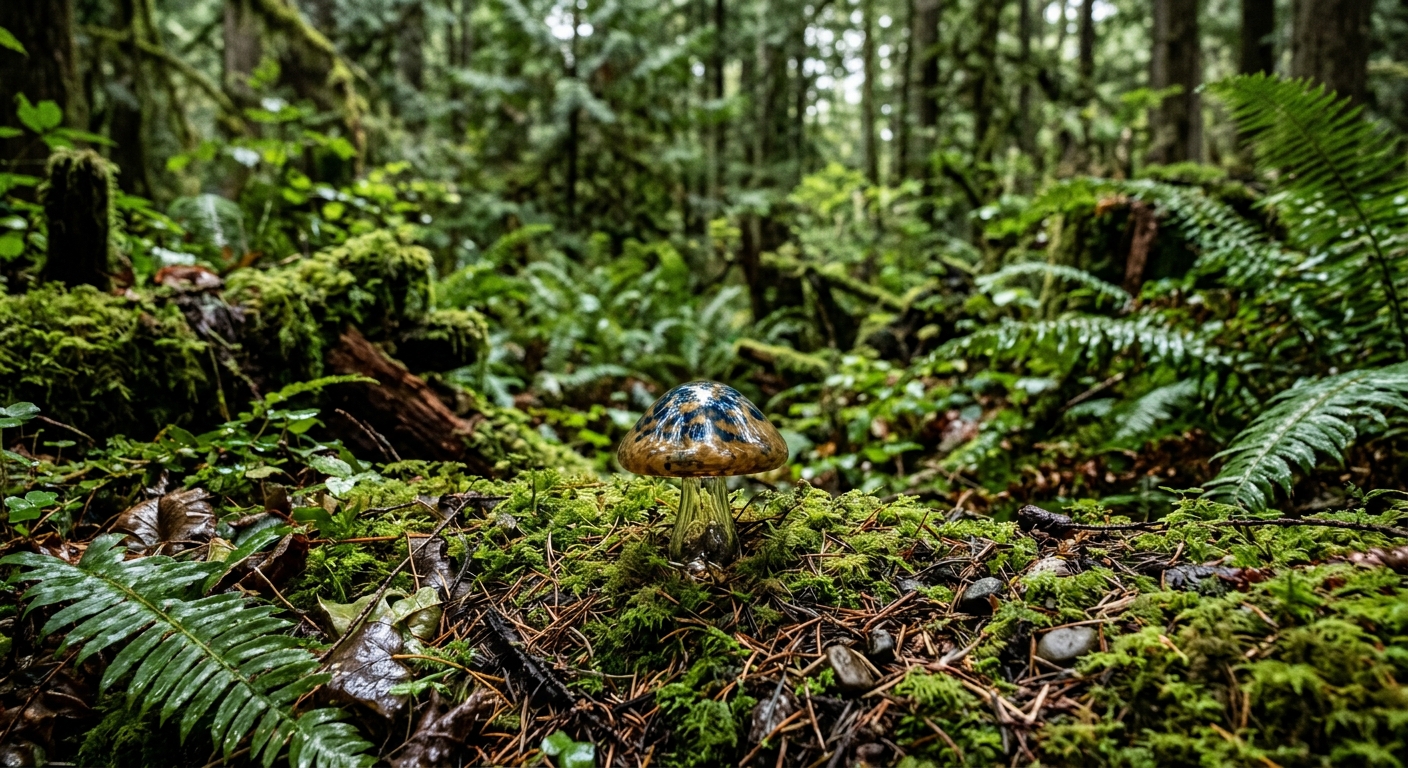 a small handcrafted glass mushroom resting on a bed of damp green moss and fallen pine needles in a dense coastal forest, surrounded by ferns and wet wood, natu