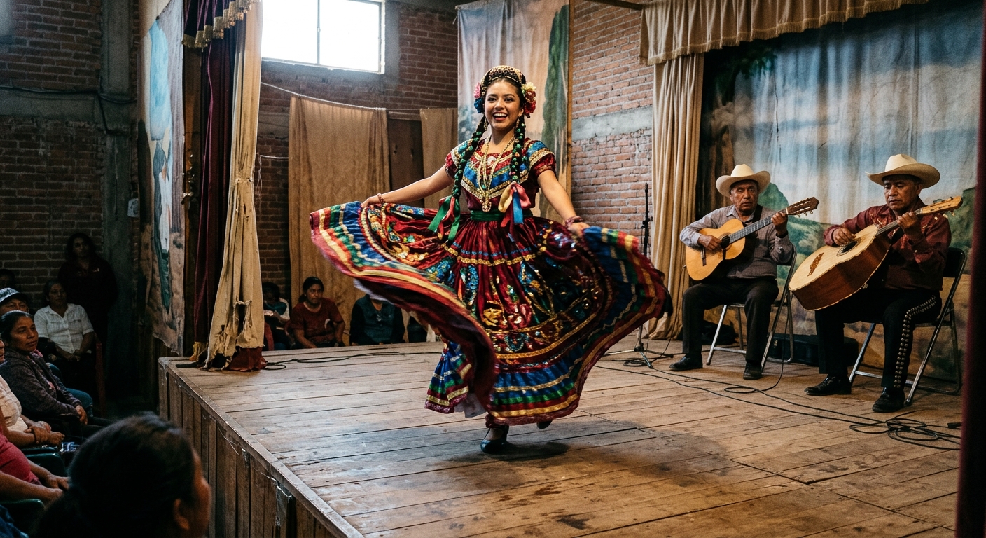 a performer in a traditional Mexican folk dress dancing on a modest wooden stage inside a local community theater, with acoustic guitarists seated in the backgr