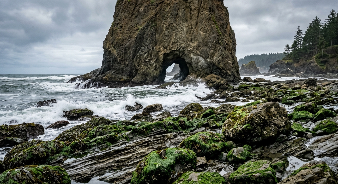 a rugged Pacific Northwest coastline at low tide, featuring a large rocky sea stack with a sea cave, shoreline boulders covered in thick green seaweed, and expo