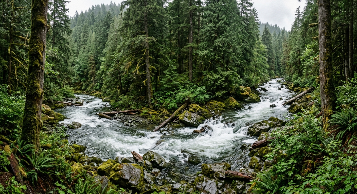 a rushing river winding through a dense evergreen forest with mossy tree trunks, ferns, and rocky banks in the Pacific Northwest, natural everyday lighting, sho
