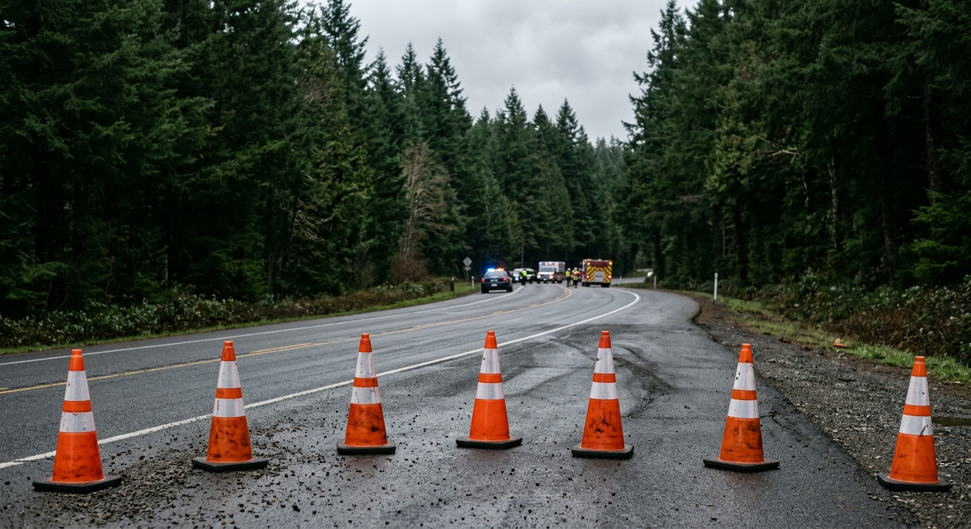 a cordoned-off section of a two-lane rural highway surrounded by dense, tall evergreen trees, with a row of orange traffic cones in the foreground and the blurr