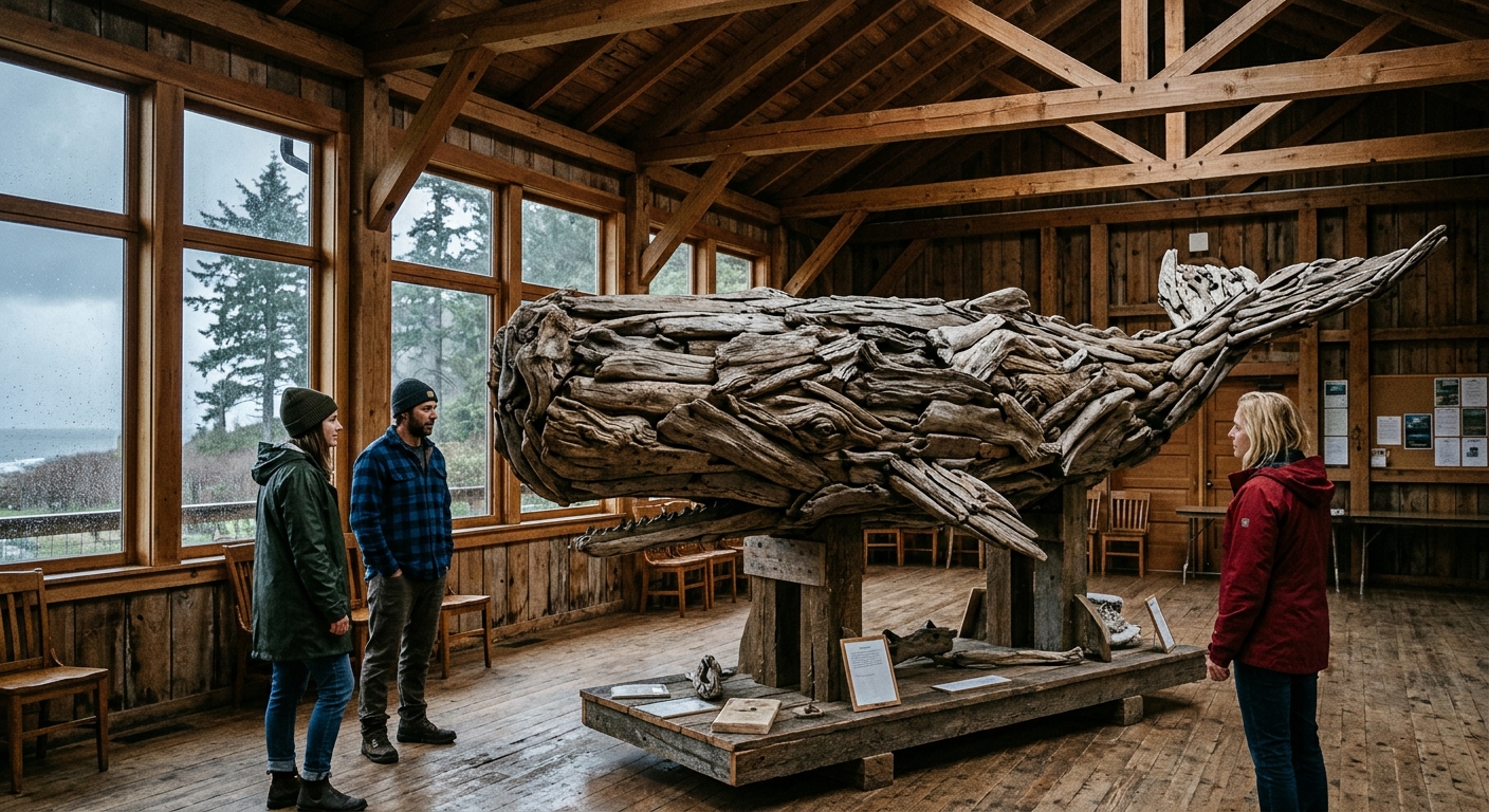 a marine-inspired art installation of a whale made from weathered driftwood on display inside a rustic community hall, with a few locals in casual rain jackets