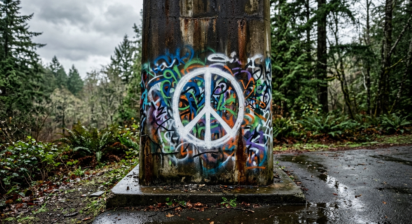 a damp concrete bridge pillar covered in fresh abstract spray paint markings and a peace sign, situated in an overcast Pacific Northwest coastal environment nea