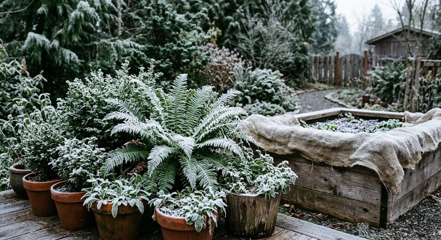 thick morning frost covering the green leaves of potted plants and ferns in a rustic Pacific Northwest backyard, with a piece of protective burlap draped over a